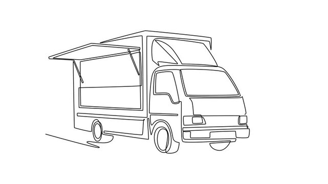 Animated self drawing of continuous line draw mobile food truck with an open service window. Street food culture, retail business, and commercial catering logistics. Full length single line animation