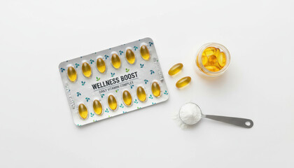 Wellness boost vitamin capsules and powder supplement for winter health and wellness care on white background with spoon and jar