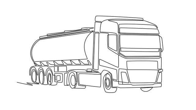 Animated self drawing of continuous line draw semi trailer tanker truck, depicting industrial fuel transport, chemical delivery logistics, and petroleum cargo shipping. Full length one line animation