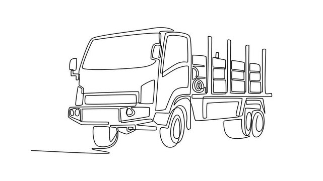 Animated self drawing of continuous line draw flatbed stake truck used for commercial cargo delivery. Industrial transport logistics, and professional freight haulage. Full length one line animation