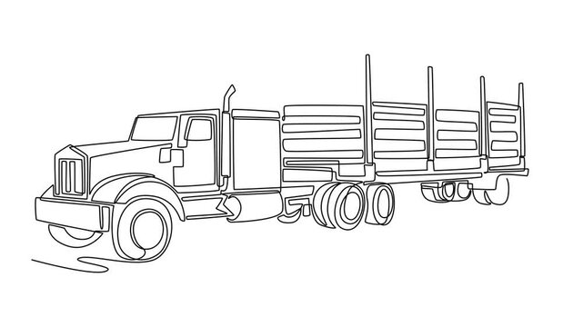 Animated self drawing of continuous line draw timber transport log truck with skeletal trailer. Forestry industry, raw material logistics, and heavy duty wood haulage. Full length one line animation