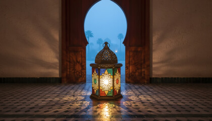 Moroccan lantern with warm golden glow and intricate Islamic patterns, serene Ramadan ambiance.