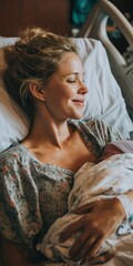 Mother holding newborn baby smiling in hospital bed