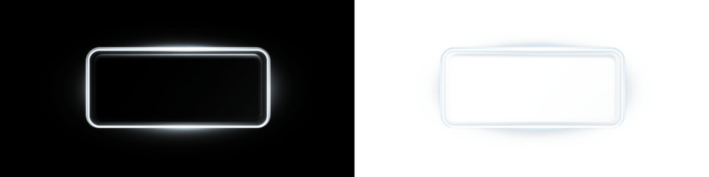 Modern neon glass frame with a glossy transparent panel and a glowing border. A futuristic digital rectangular interface element with a shiny highlight on a white background. PNG.