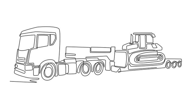 Self drawing animation single line draw transportation of massive earthmoving equipment. Trailer designed for oversized loads, heavy industrial bulldozer cargo. Continuous line. Full length animated