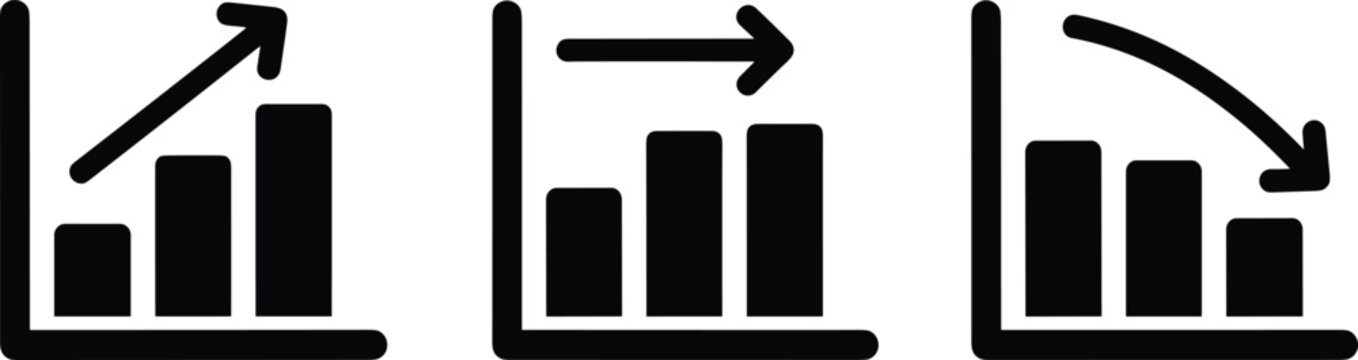 Three black bar chart icons representing data growth, stability, and decline with directional arrows