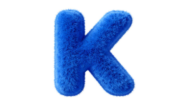 Fluffy blue letter K isolated on a white background, soft texture and vibrant color