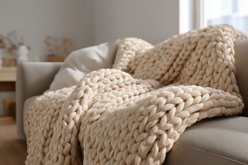 Obraz premium Beige wool blanket on sofa in cozy interior