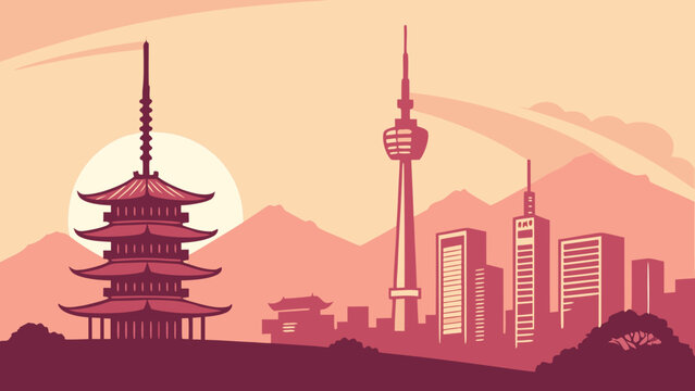 Seoul Skyline Sunset Vector Illustration