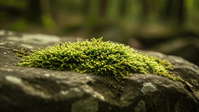 Vibrant green moss growing on weathered rock in forest