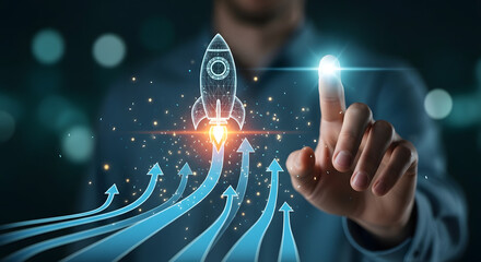 Business Launch: A person's hand initiates a rocket's launch amidst a network of upward-pointing arrows, symbolizing growth, innovation, and ambitious ventures.