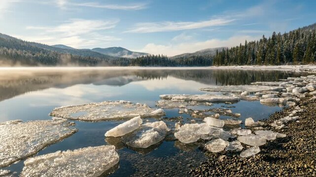 Early Spring Landscape: Misty Lake, Floating Ice, Snowy Mountains