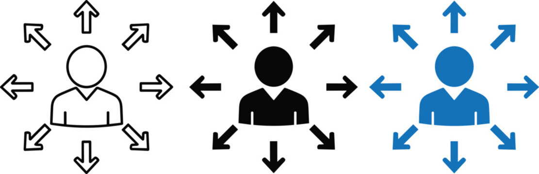Dissemination icon person spreading information or influence arrows showing various directions vector