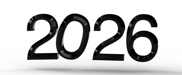 2026 text with black glossy numbers on white. Future year graphic design for new year celebration, events, and business.