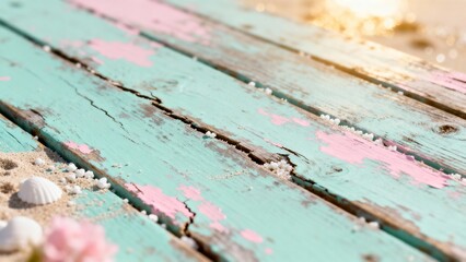 Fototapeta premium Vintage turquoise wooden planks with peeling pink paint, sea shells and sand on sunny beach background
