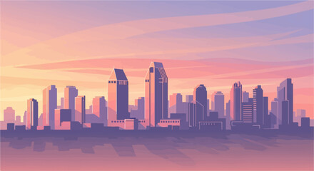 Fototapeta premium Pixel art cityscape at sunset, pink and purple hues, reflected silhouettes