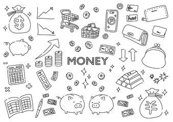 お金に関係するものの手描きイラストセット