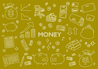 お金に関係するものの手描きイラストセット