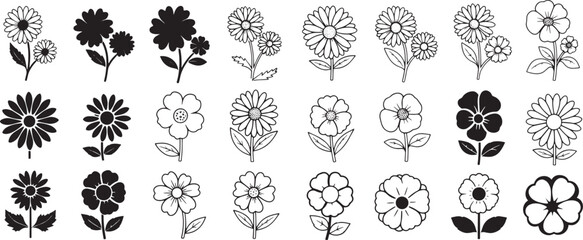 Collection of Diverse Flower Illustrations, a Set of Black and White Floral Icons for Decorative and Graphic Design Purposes