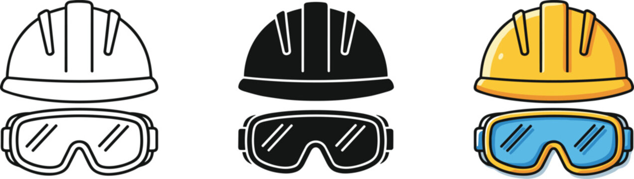 Safety equipment icon set featuring construction hard hat and protective goggles in outline solid and color styles