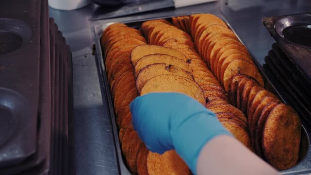 Fresh pumpkin pancakes ready for sale.