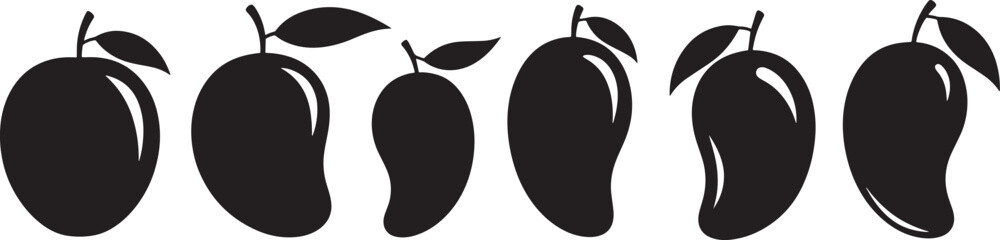 A clean black and white illustration depicting a line of stylized mango fruits with stems and leaves, showcasing their distinct shapes and forms