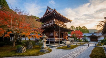 Fototapeta premium Ornate wooden temple complex with vibrant autumn foliage, stone lanterns, and serene garden