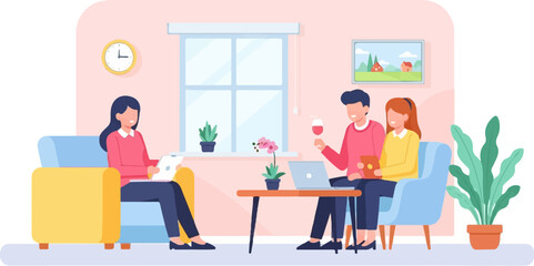 People relaxing indoors, enjoying drinks and devices in a cozy living room