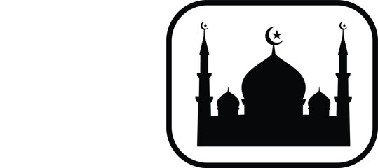 Solid black mosque silhouette icon with minarets and crescent moon moon inside a rounded frame for religious applications. © MDRIFAT
