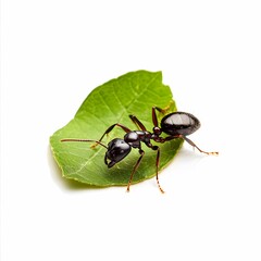 black ant, macro photograph on a green leaf isolated white background.