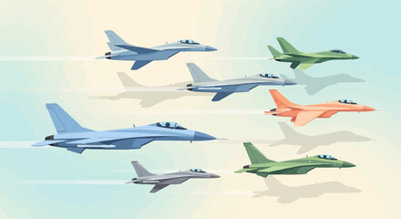 Multiple fighter jets fly in formation against a pastel sky