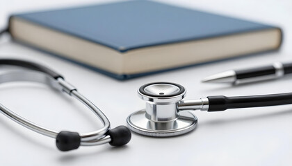 Medical stethoscope and a blue notebook with a pen on a white surface