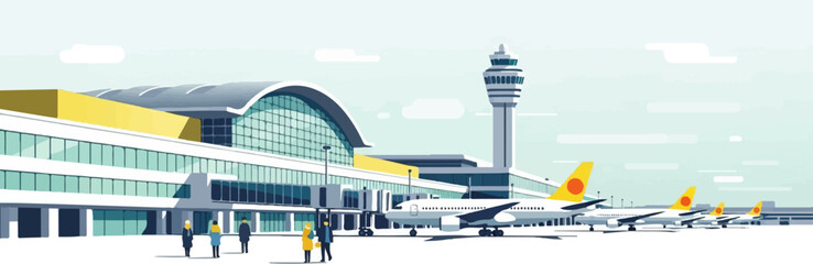 Obraz premium Modern airport terminal with airplanes and control tower under cloudy sky