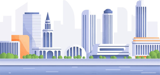 Obraz premium Modern city skyline with diverse buildings along a tranquil riverfront