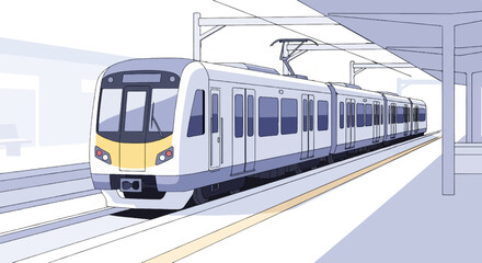 Modern electric train at a station, rendered in a clean, stylized, graphic art manner