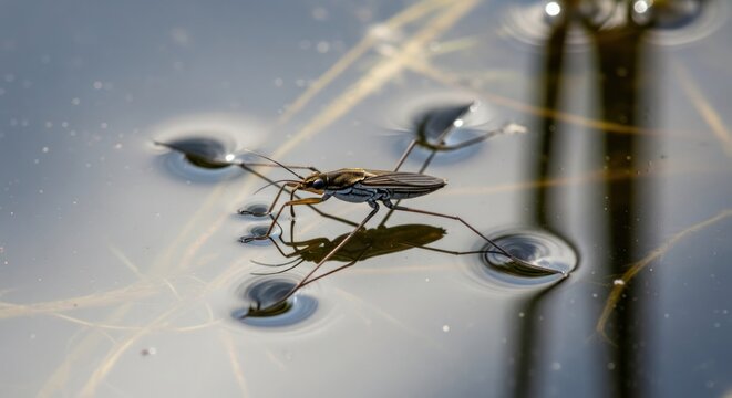Water strider on water surface with reflection and ripples, close-up