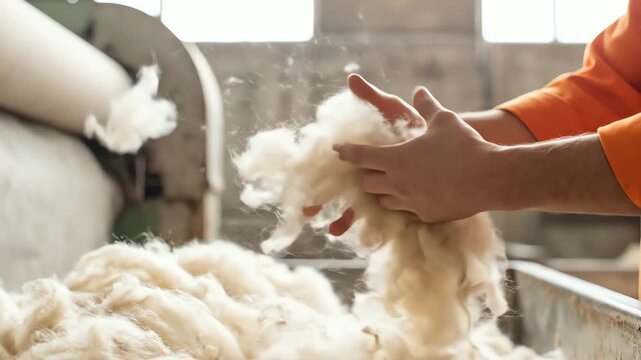 Worker's hands carefully inspect raw natural fiber during processing in a textile factory, showcasing material quality.