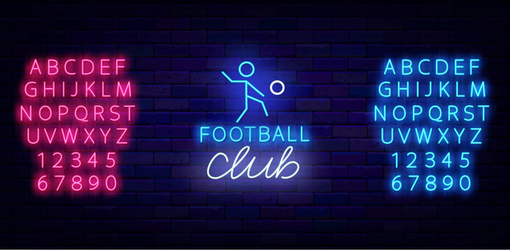 Soccer sport neon label. Football team. Sport tournament. Glowing blue and pink alphabet. Athletics club. Running activity. Shiny emblem. Editable stroke. Vector stock illustration