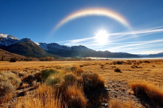 Stunning Fog Bow Forming Over Open Valley with Sunlight Against Mountain Landscape