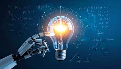 Light bulb with glowing brain and robotic arm surrounded by math symbols