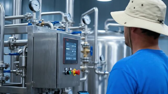 Industrial operator in a hat working on a digital control panel, monitoring production process in a modern facility.