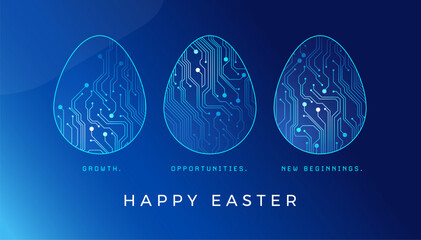 Obraz na płótnie Canvas Happy Easter technology greeting card - digital Easter eggs and text Growth, Opportunities, New Beginnings - dark blue vector background