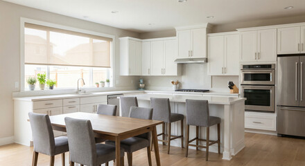 Beige roller blind on windows in stylish modern kitchen. Shutters on the plastic window.
