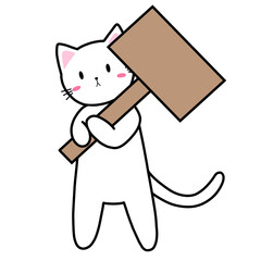 Kawaii White Cat Holding Blank Signboard Diagonally, Cute Kitty Message Board Illustration, 300 DPI Transparent PNG for Planners and Notices