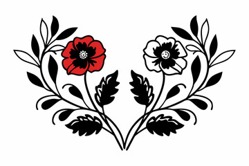 A minimalist vector graphic illustration of two flowers with leaves on a white background