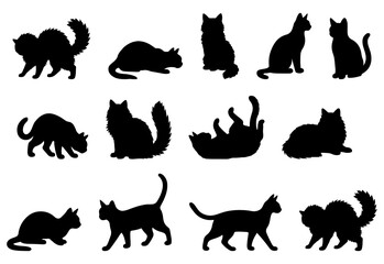 Vector illustration. Silhouettes of black cats. Set of animal stickers. Large set.	