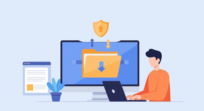 Person working on laptop near computer with file transfer icons