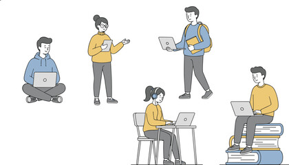 Students Using Laptops Studying Online Education Concept Flat Vector Illustration