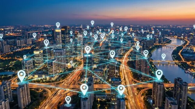 Smart city network connecting urban landscape at dusk. Aerial view of modern metropolis with glowing location pins and data lines.