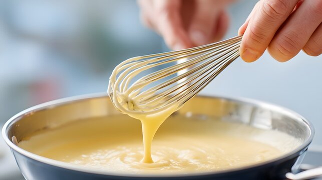 A person is stirring a pot of yellow liquid with a whisk